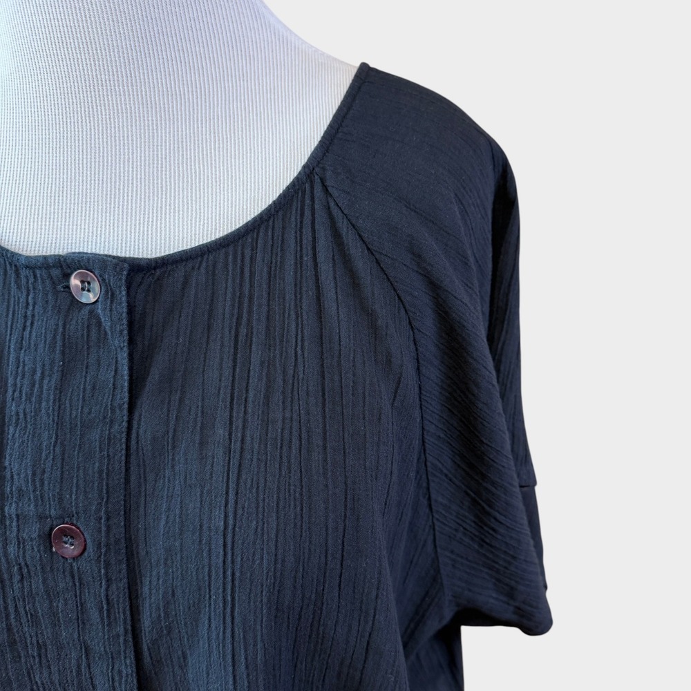 Beach Cabana Black Crinkle Gauze 100% Cotton Button Up Cover Up Top 1X - Picture 2 of 10